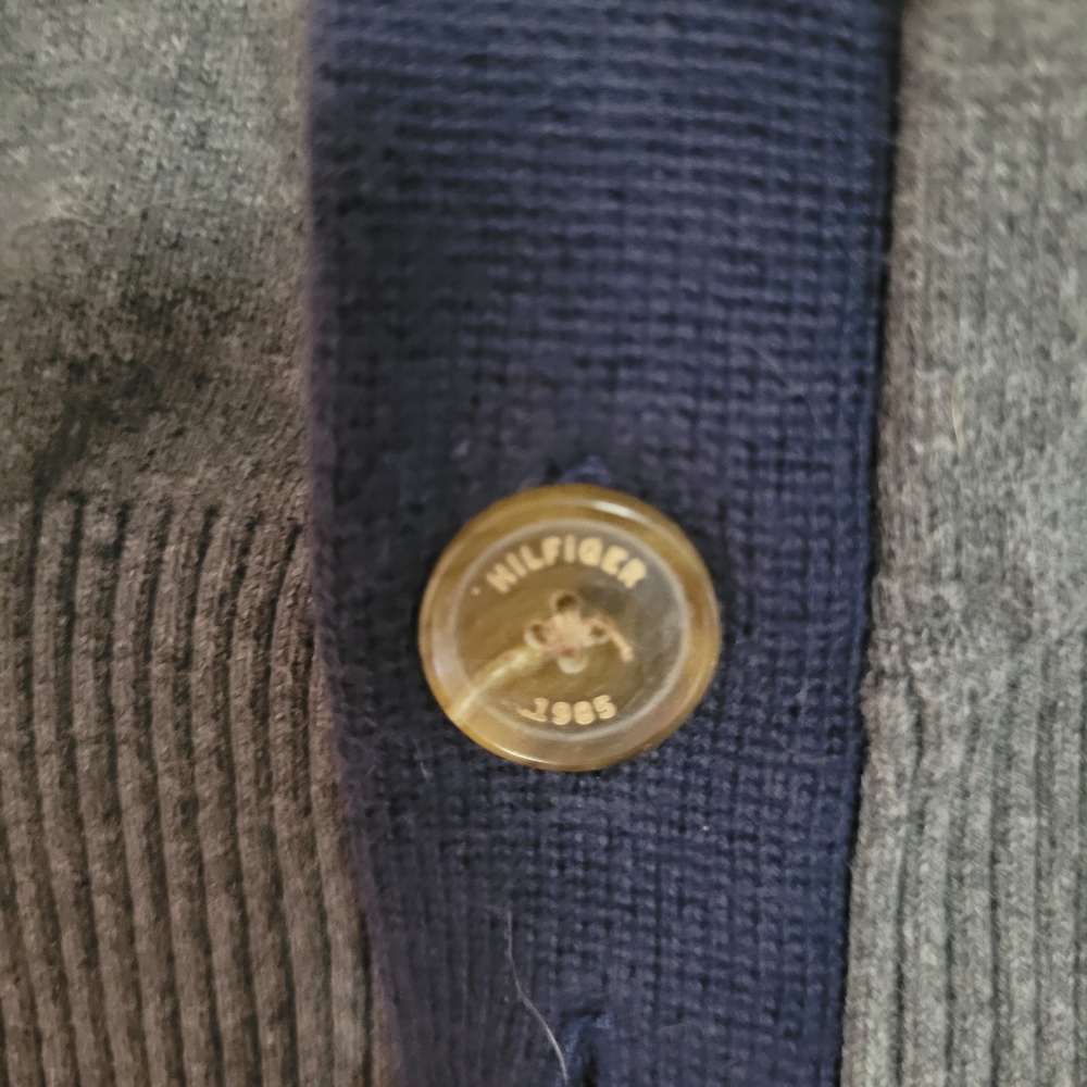 Gray Cardigan with Navy Trim and Yellow Stripes - Picture 3 of 12